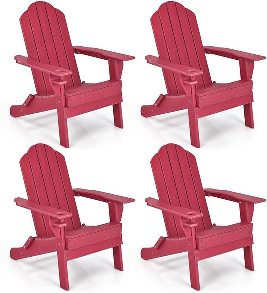 Giantex 4 Pack Adirondack Chair, Outdoor Folding Chairs, HDPE Weather Resistant Patio Chair with Built-in Cup Holder, Lawn Chair for Yard, Balcony, Deck, Outside, Campfire, Plastic Fire Pit Chair