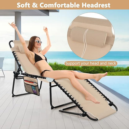 Giantex Patio Lounge Chairs for Outside - Set of 2 Folding Tanning Chair w/Headrest, 4 Adjustable Positions, Side Pocket, Outdoor Chaise Lounge for Camping, Pool, Sunbathing Beach Chair, Beige