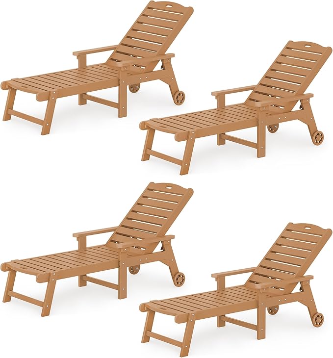 LUE BONA Lounge Chair Outdoor Set of 4, HDPS Chaise Lounge Outdoor with Wheel, 5 Positions Adjustable Pool Lounger Chairs for Outside, Patio, Teak Color