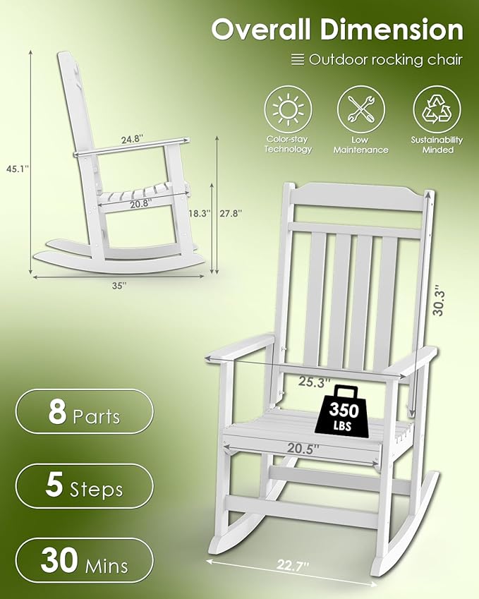 GREENVINES Outdoor-Rocking-Chairs-Set-of-2 | HDPE Plastic | Patio Rockers | Porch Rocker Chair | Oversized | High Back | Big & Tall | White