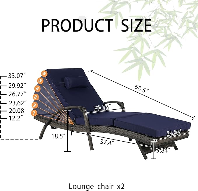 Outdoor Lounge Chairs Set of 2,Wicker Chaise Lounge Chair Pool Chaise Lounge,Patio Lounge Chair with Adjustable Backrest Arm Cushion for Poolside