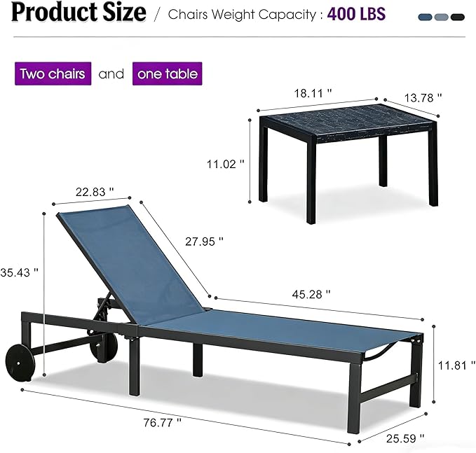 PURPLE LEAF Outdoor Chaise Lounge Chairs Set Recliner Aluminum Adjustable Chair with Wheels and Side Table for Poolside Beach Patio Sunbathing Lounger, Indigo