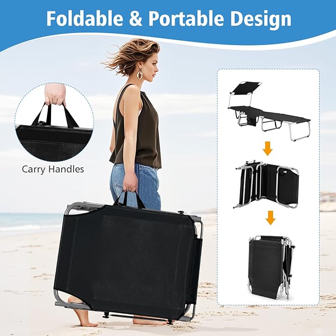 Goplus Tanning Chair, Foldable Beach Lounge Chair with 360°Canopy Sun Shade, Side Pocket, 5-Position Adjustable Outdoor Chaise Lounge Chair for Patio Pool Yard Lawn (1, Black)
