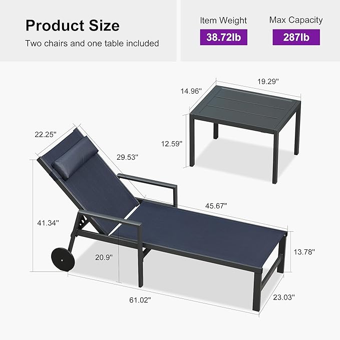 PURPLE LEAF Patio Lounge Chair Set of 3 Outdoor Chaise Lounger Aluminum Frame with Armrest Side Table and Wheels for Pool Outside Sunbathing Tanning Recliner Including Pillows Navy Blue