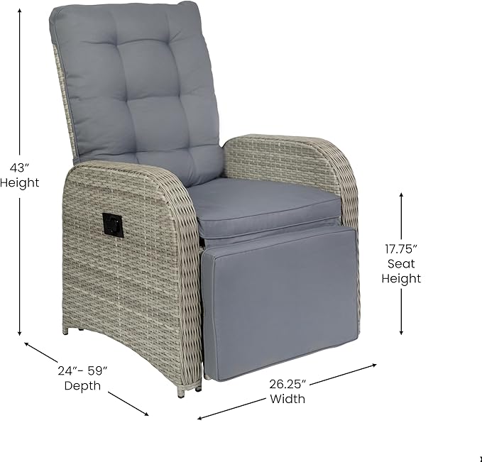 Flash Furniture Nemo Indoor/Outdoor Patio Wicker Rattan Recliner, Lounge Chair with Flip-Up Side Table, Set of 2, Gray