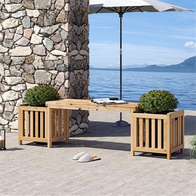 Wooden Garden Bench with Planter Boxes, Outdoor Patio Seat with Built-in Flower Pots, Rustic Elevated Planter Bench for Yard, Lawn, Backyard Seating & Gardening, Wooden Garden Benches with Planters