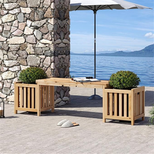 Wooden Garden Bench with Planter Boxes, Outdoor Patio Seat with Built-in Flower Pots, Rustic Elevated Planter Bench for Yard, Lawn, Backyard Seating & Gardening, Wooden Garden Benches with Planters