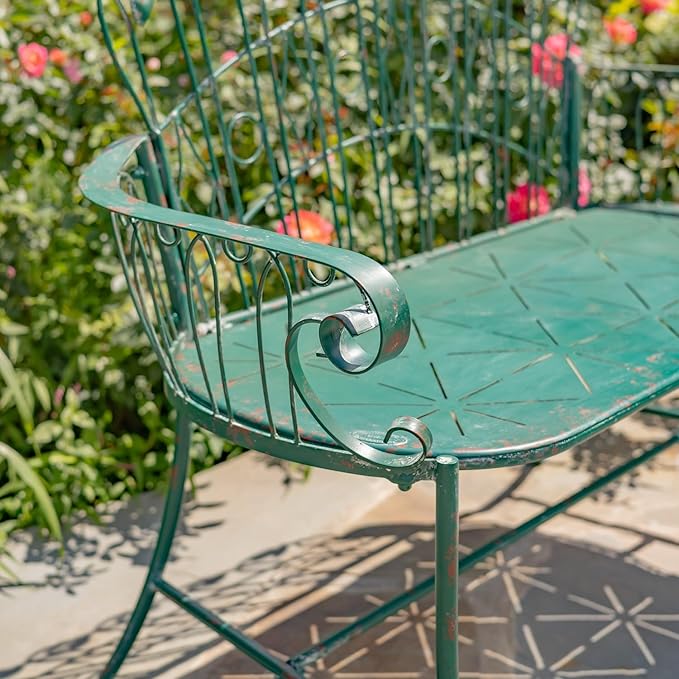 Zaer Ltd. Vintage Style Metal Patio Furniture with Heart Design Accents, Outdoor/Indoor Decor (Antique Green, Garden Bench)