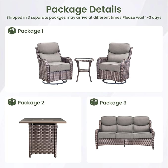 Luxury Patio Furniture Set with 6-inch Thick Cushion, Outdoor Furniture with Fire Pit Table, Swivel Chairs, Side Table - Photo 2