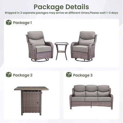 Luxury Patio Furniture Set with 6-inch Thick Cushion, Outdoor Furniture with Fire Pit Table, Swivel Chairs, Side Table, Sofa, 5pcs Wicker Conversation Set for Deck Yard and Poolside(Grey)