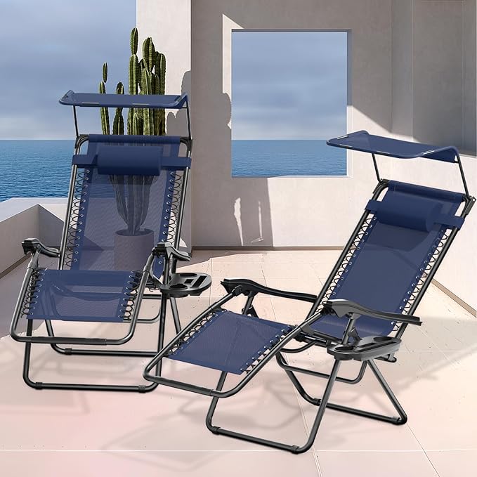 MoNiBloom Zero Gravity Chairs Set of 2, Patio Anti Gravity Recliner with Canopy Shade, Foldable Outdoor Lounger with Cup Holder Tray and Headrest for Beach Camping, Navy Blue
