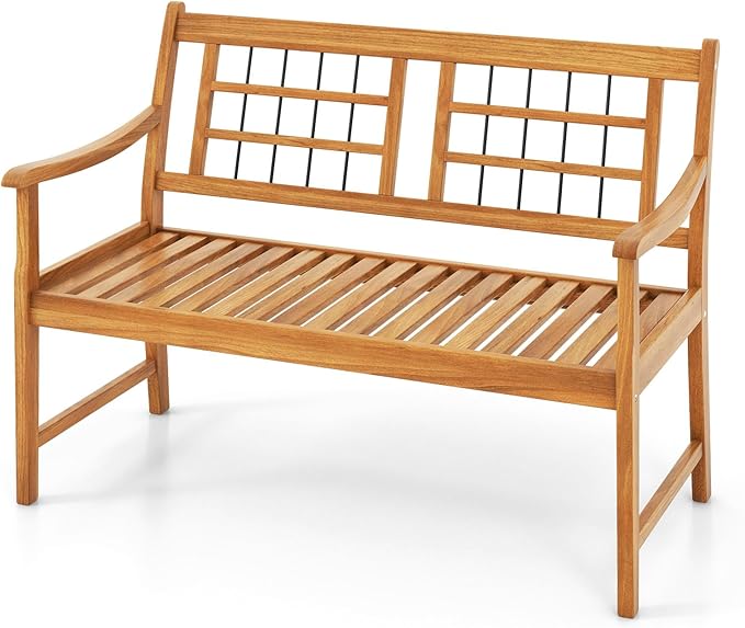 Tangkula Patio Acacia Wood Bench, Wooden 2-Person Outside Chair w/Curved Armrests, Slatted Seat & Backrest, Outdoor Loveseat for Backyard, Balcony, Garden, 800 lbs Max Load