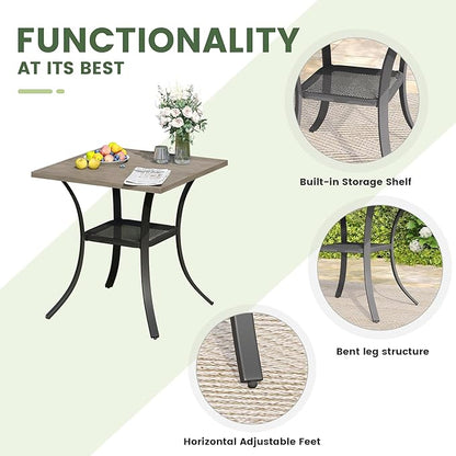 Outdoor Dining Table with Storage Shelf, 27.5" All-Weather Square Patio Dining Table for 2, Metal Patio Table for Garden Lawn Porch Deck Yard, Grey