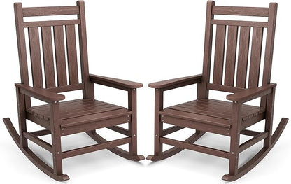 SERWALL Oversized Outdoor Rocking Chair Set of 2, HDPE Rocker for Adults, Patio Rocking Chairs for Porch, Brown