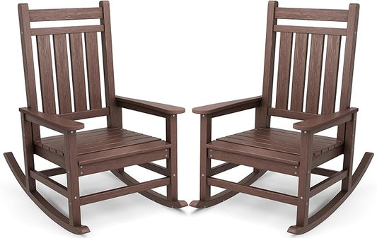 SERWALL Oversized Outdoor Rocking Chair Set of 2, HDPE Rocker for Adults, Patio Rocking Chairs for Porch, Brown