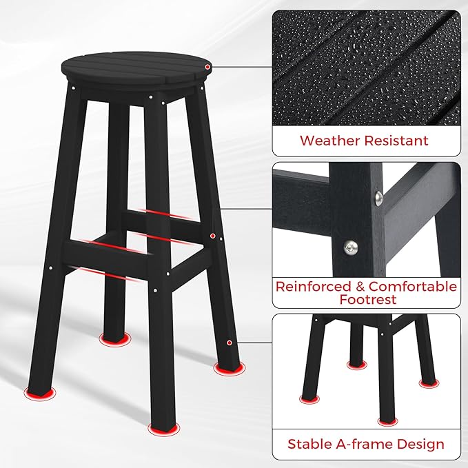 Costaelm 29" Height Outdoor Bar Stools, All-Weather Bar Stools, Adirondack Poly Patio Round Bar Stool for Patio, Deck, Kitchen Counter and Garden, Black