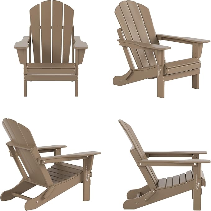 WestinTrends Malibu Outdoor Lounge Chair Set, 4-Pieces Adirondack Chair Set of 2 with Ottoman, All Weather Poly Lumber Patio Lawn Folding Chair for Outside Pool Beach, Weathered Wood