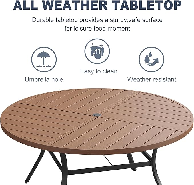 VICLLAX 50" Round Patio Dining Table for 6, All Weather Metal Outdoor Table with 1.57" Umbrella Hole and Surdy Frame for Garden Lawn Deck, Walnut