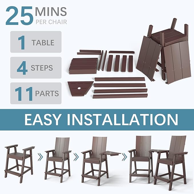 Tall Adirondack Chair Set of 2, HDPE Balcony Chairs with Connecting Tray, Two Cup Holders, All-Weather Adirondack Bar Stools for Patio, Balcony, Backyard, Poolside, Coffee
