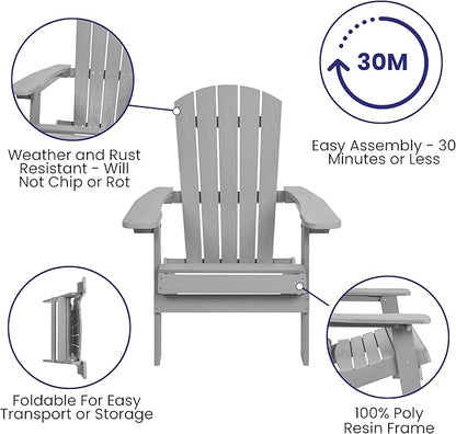 Flash Furniture Charlestown Folding Adirondack Chair - Gray - Poly Resin - Indoor/Outdoor - Weather Resistant - Set of 4
