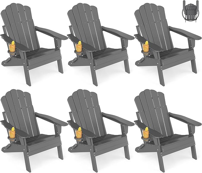 GREENVINES Oversized-Folding-Adirondack-Chairs-Set-of-6 | HDPE Plastic | Cup Holder | Fire Pit Chair | All Weather | for Outdoor Deck Backyard | Grey