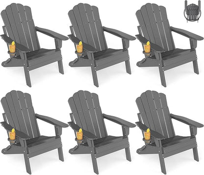 GREENVINES Oversized-Folding-Adirondack-Chairs-Set-of-6 | HDPE Plastic | Cup Holder | Fire Pit Chair | All Weather | for Outdoor Deck Backyard | Grey