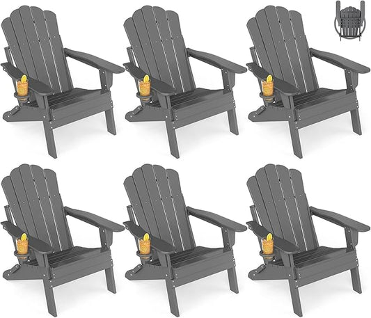 GREENVINES Oversized-Folding-Adirondack-Chairs-Set-of-6 | HDPE Plastic | Cup Holder | Fire Pit Chair | All Weather | for Outdoor Deck Backyard | Grey