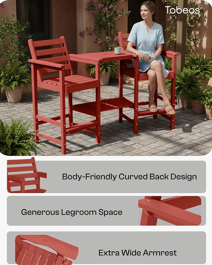 Tall Adirondack Chairs Set of 2, Bar Height HDPE Outdoor Chairs with Connecting Tray & Umbrella Hole, Balcony Patio Adirondack Chairs for Deck, Garden, Lawn (Terracotta)
