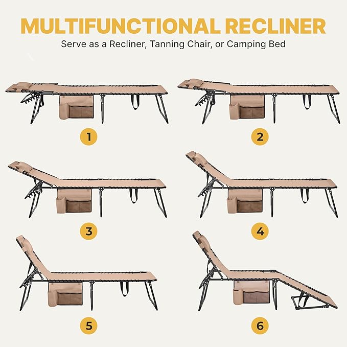 Yaheetech 22.4" Outdoor Folding Tanning Chair, Chaise Lounge Chairs with 5 Back Position Adjustable, Extended Portable Lounger for Beach, Patio, Beige