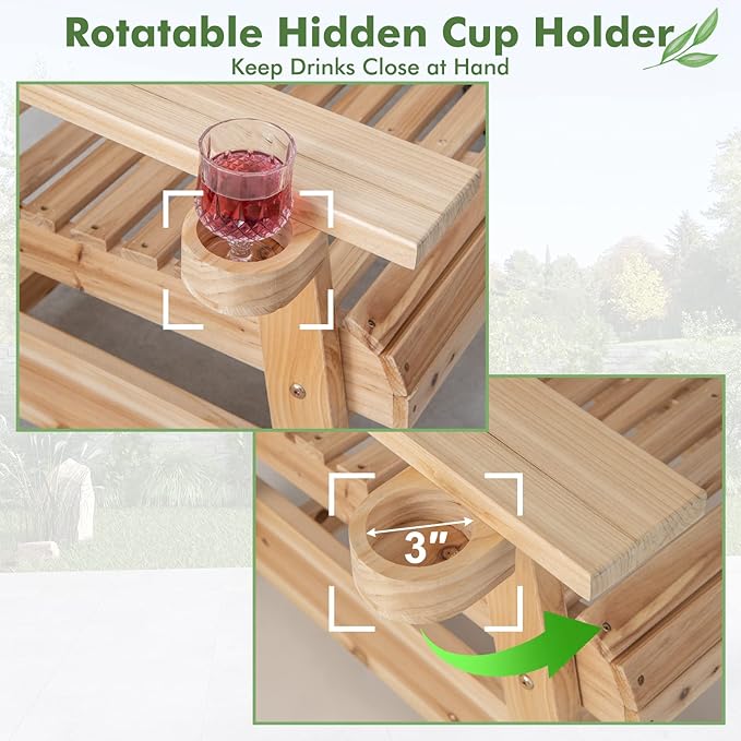Tangkula Outdoor Fir Wood Glider Chair, Outdoor Swing Chair with Rotatable Hidden Cup Holder and Curved Seat - Photo 6