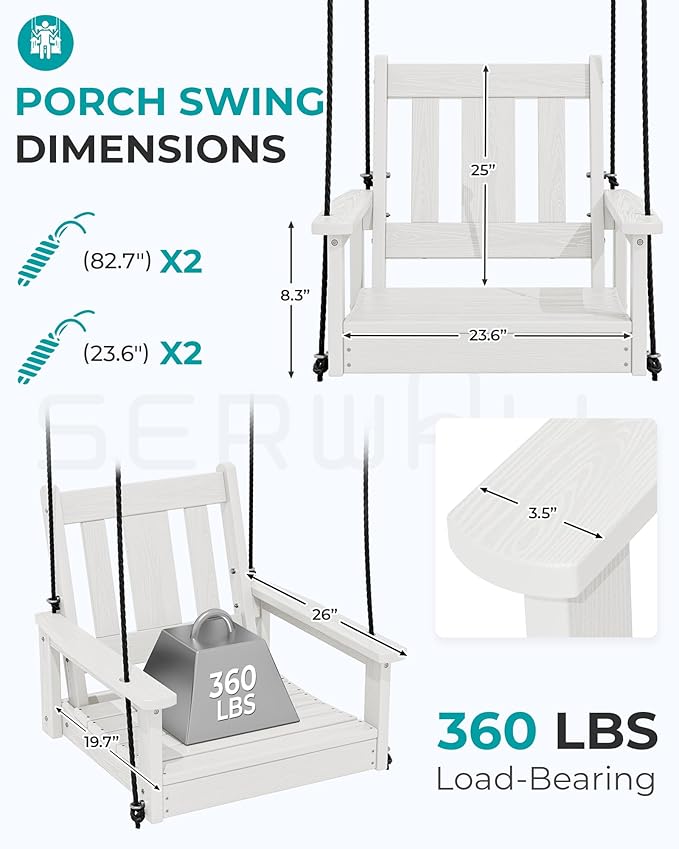 SERWALL HDPE Single Porch Swing Set of 2, Heavy Duty Single Person Swing Chair with 2 Polypropylene Hanging Ropes - Photo 3
