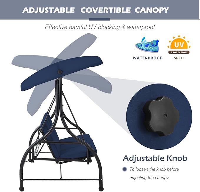 AECOJOY Porch Swing Chair, 3 Seats Porch Swing Adjustable Canopy Outdoor Swing with Stand Patio Swing Bed with - Photo 3