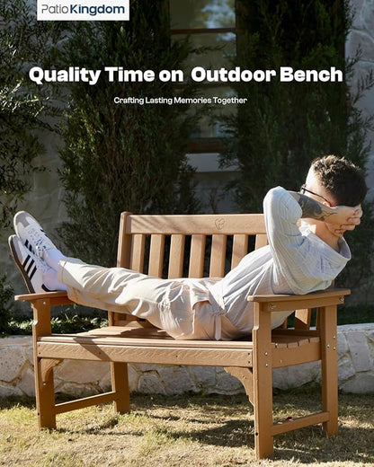HDPE Garden Bench, All Weather 2-Person Outdoor Benches, Rust Free & Fade Resistant Patio Benches for Garden, Porch, Backyard, Deck, Lawn, Balcony, Poolside (Teak, 2 Benches)