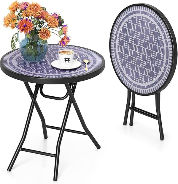 Tangkula Round Folding Side Table, 18 Inch Patio Coffee Table with Tempered Glass Tabletop and Metal Frame - Photo 1