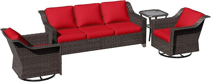 4 Pieces Patio Conversation Furniture Set - 1 Sofa, 2 Swivel Chairs, 1 Side Table, Outdoor Wicker Furniture with Removable Cushions for Porch, Balcony, Sunroom (Red)