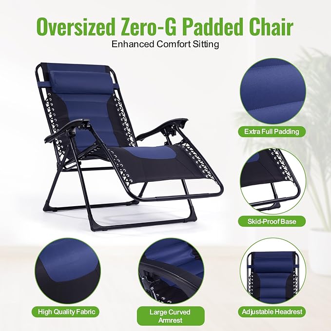 Backyard Expressions Deluxe XL Padded Recliner Zero Gravity Chair – Ergonomic Anti-Gravity Lounger with Folding Design, Side Tray, and Adjustable Headrest
