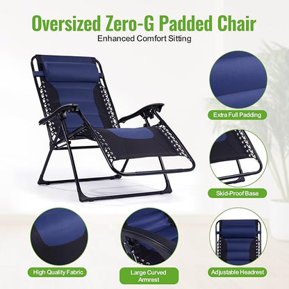 Backyard Expressions Deluxe XL Padded Recliner Zero Gravity Chair – Ergonomic Anti-Gravity Lounger with Folding Design, Side Tray, and Adjustable Headrest