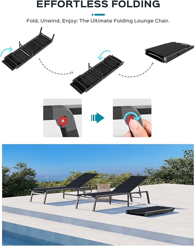 Patio Chaise Lounge Chair, Foldable Lounge Chair for Outside, Aluminum Chairs Set of 2 with 5 Adjustable Backrest, Outdoor Pool Lounger for Poolside, Lawn, Deck, Black