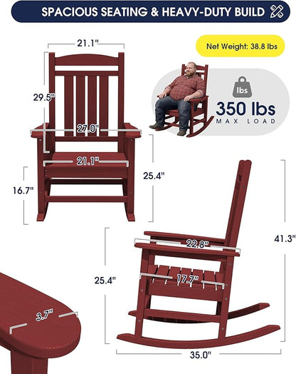 KINGYES Outdoor Rocking Chair, Weather Resistant Patio Rocking Chairs High Back Porch Rocker for Adult, Dark Red