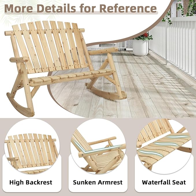 5-Piece Outdoor Log Wood Rocking Set, Rustic Wooden Conversation Set Including 2-Seater Loveseat, 2 Coffee Tables, 2 Log Rocker Chairs, Patio Furniture Chair Set for Garden, Lawn Yard, Natural