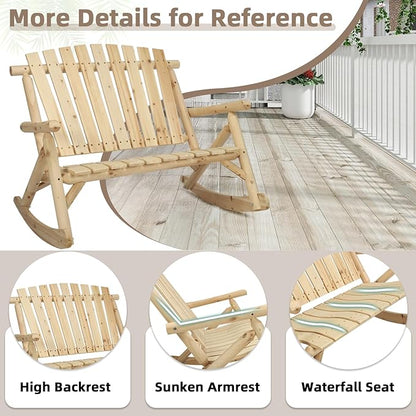 5-Piece Outdoor Log Wood Rocking Set, Rustic Wooden Conversation Set Including 2-Seater Loveseat, 2 Coffee Tables, 2 Log Rocker Chairs, Patio Furniture Chair Set for Garden, Lawn Yard, Natural