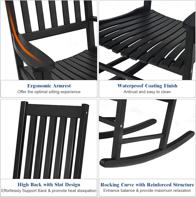 LDAILY Moccha Outdoor Rocking Chair, Acacia Wood Frame, Porch Rocker for Garden, Lawn, Balcony, Backyard and Patio (1, Black)