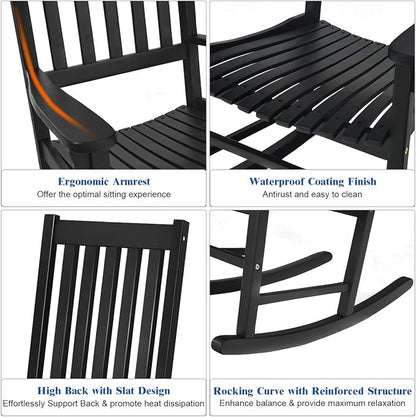 Giantex Rocking Chair Acacia Wood Frame Outdoor& Indoor for Garden, Lawn, Balcony, Backyard and Patio Porch Rocker (2, Black)
