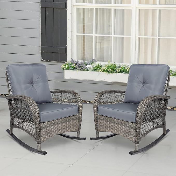 Outdoor Wicker Rocking Chair with Thickened Cushions, All-Weather Rattan Patio Rocking Chairs - Photo 7