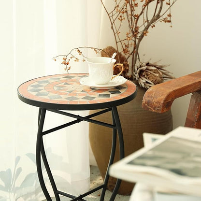 VCUTEKA Mosaic Outdoor Side Table - Small Patio Table Coffee Outside Accent Tables Round End Plant Tables for Bistro Balcony Porch Outdoor Benches 14'' Brown