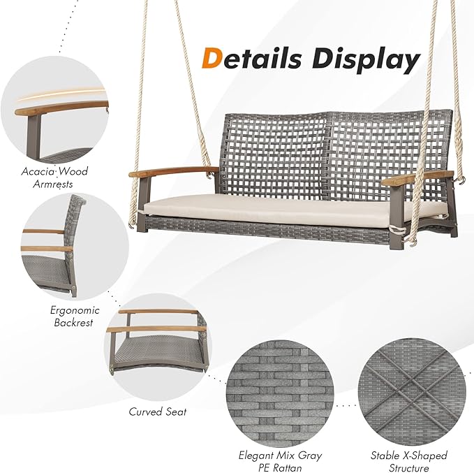 RELAX4LIFE 2-Seater Outdoor Porch Swing - Patio PE Rattan Hanging Swing Bench with Seat Cushion and Strong Hanging Ropes - Photo 4