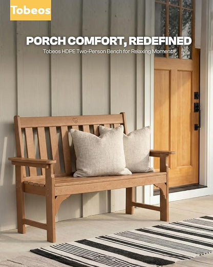 2-Person Outdoor Garden Bench, HDPE All-Weather Patio Bench with Backrest & Armrests, Heavy Duty Outdoor Seating for Porch, Backyard & Park, 660 lbs (Brown, 2 Benches)