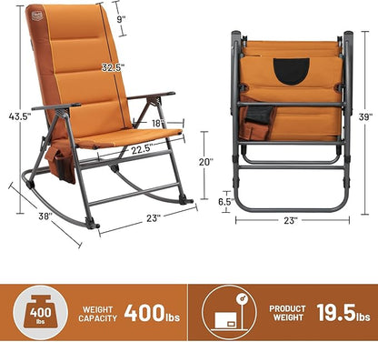 TIMBER RIDGE Oversized Folding Rocking Camping Chair, Padded Outdoor Rocker with High Back, Portable Outdoor Chair for Patio, Garden, Lawn, Supports up to 400 lbs, Orange, 2 Pack