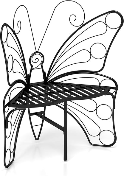 Small Metal Butterfly Garden Bench, Outdoor Benches Weatherproof, Patio Porch Bench for Outdoors, Outdoor Butterfly Chair Armless for Front Porch/Yard/Entryway (A-Black)