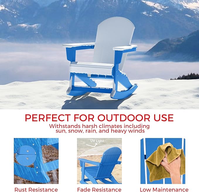 Costaelm Outdoor Adirondack Chair Set of 2, All Weather Resistant Classic Balcony Chair and Fire Pit Chairs, Plastic Outdoor Porch Furniture Rocking Chair High Back HDPE Poly Lumber, Pacific Blue